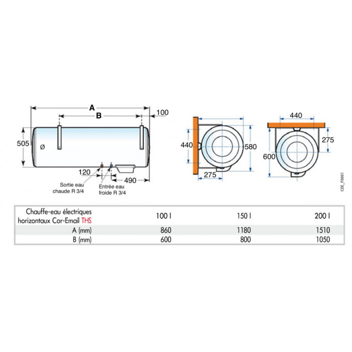 Chauffe eau électrique De Dietrich COR-EMAIL THS 200L horizontal mural sortie basse